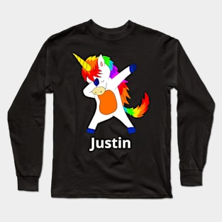 Justin First Name Personalized Dabbing Unicorn Long Sleeve T-Shirt